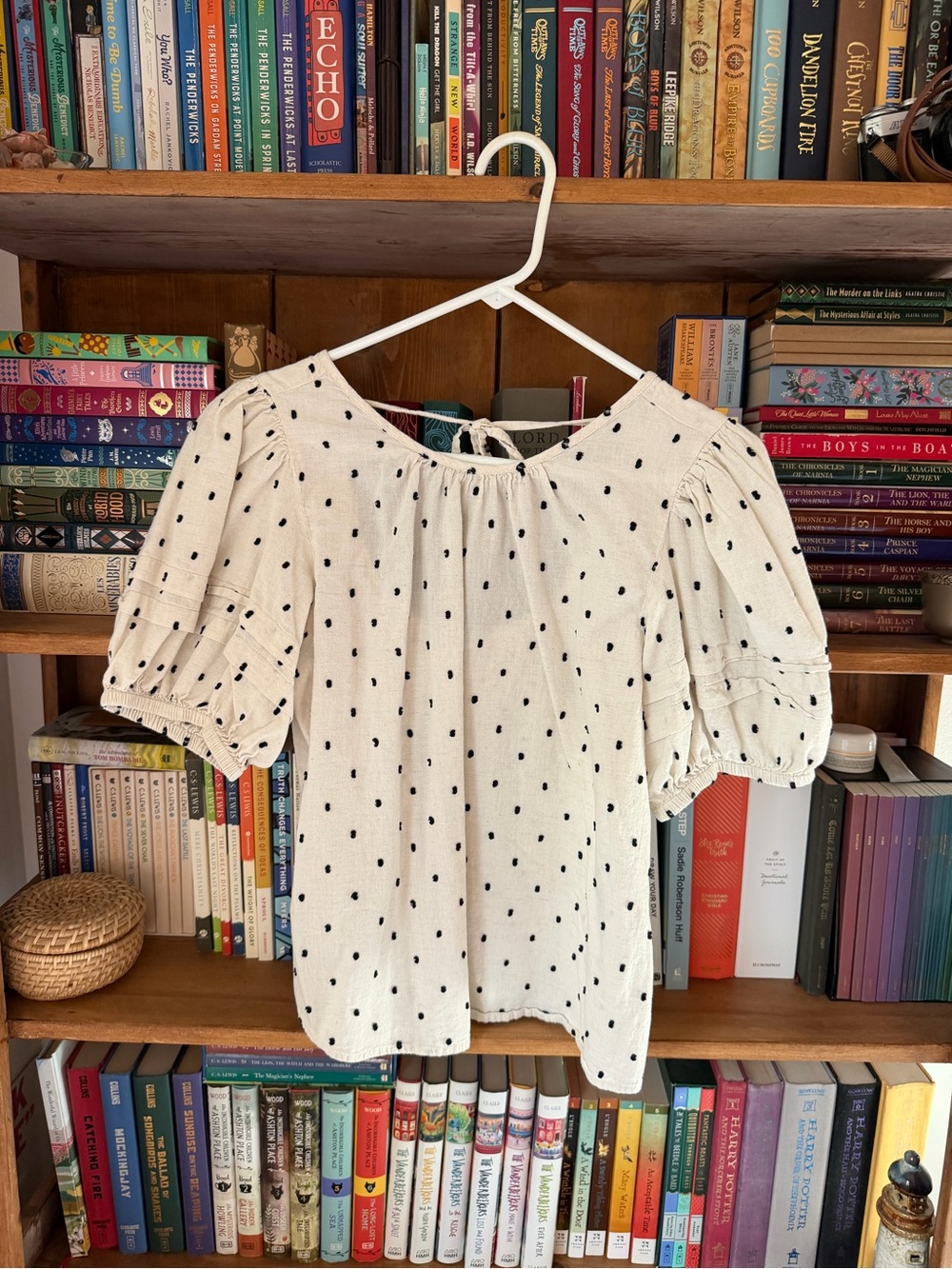 Polka Dot Puff Sleeve Women's Top — Cream with Black Dots